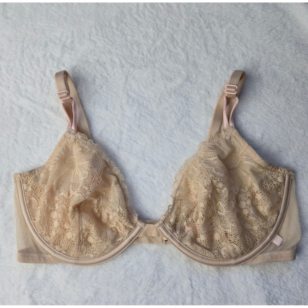 Victoria's Secret Unlined Demi Lace Bra Peach 36D Underwire Mesh Trim